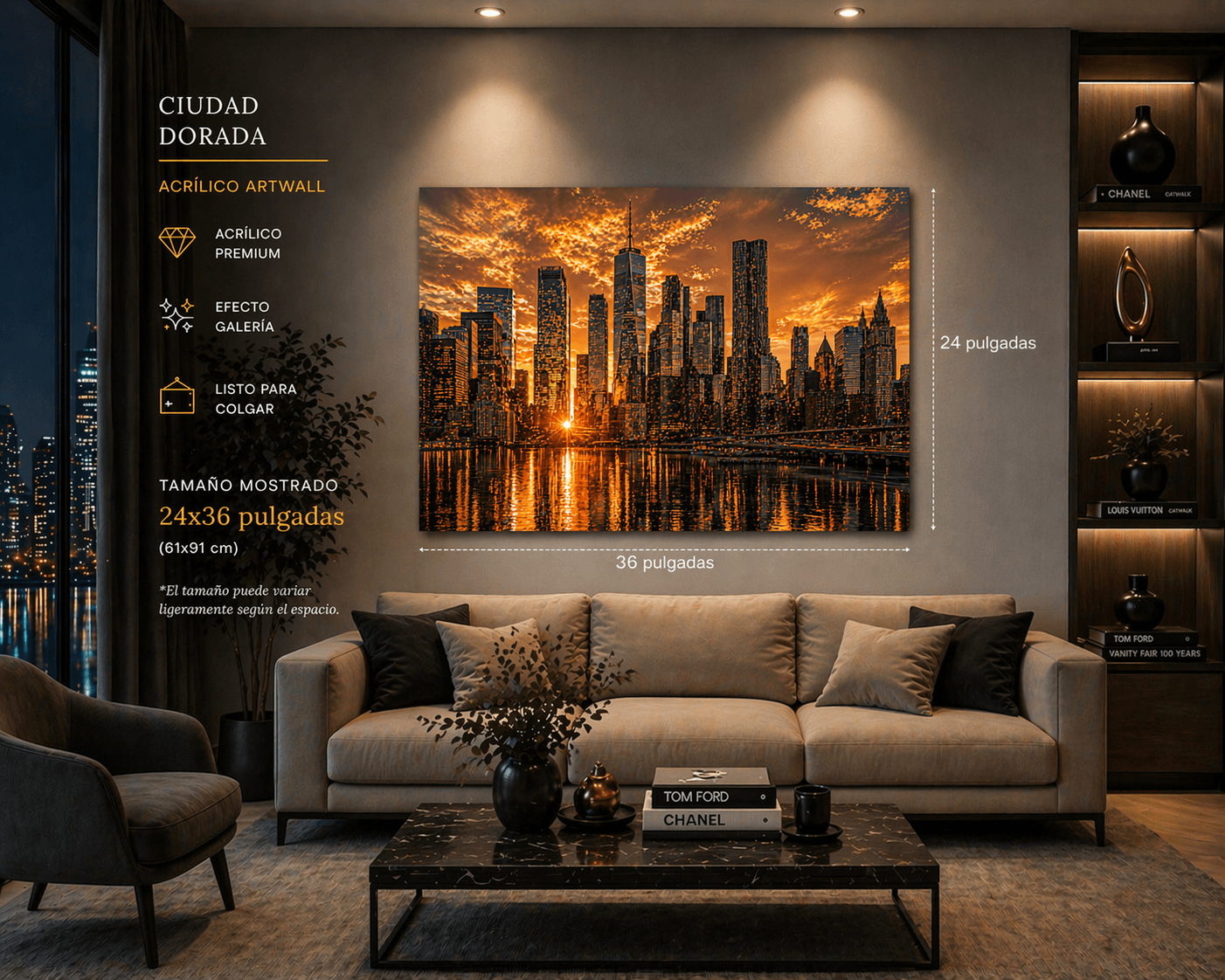 Acrylic art print titled Ciudad Dorada featuring vibrant cityscape in warm tones, created by AcrílicoArtWall.com
