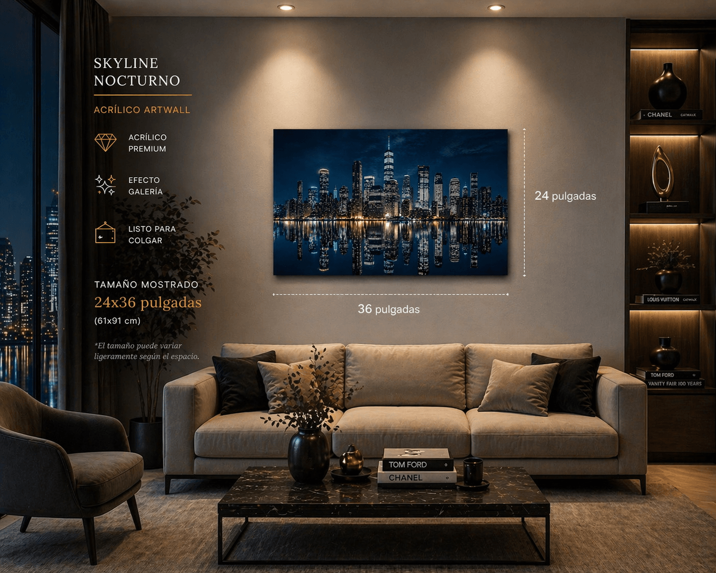 Acrylic art print titled Skyline Nocturno featuring a nighttime city skyline, displayed on a wall with vibrant colors and modern style.