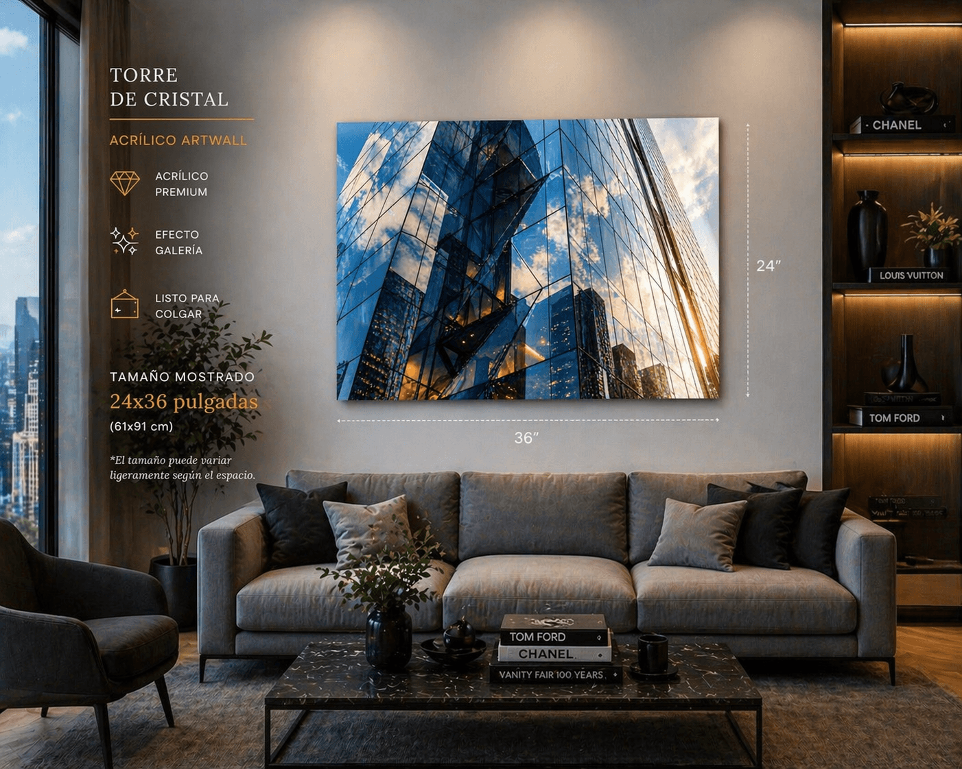 Acrylic wall art titled Torre de Cristal featuring a sleek, modern crystal tower design on a clear acrylic canvas.