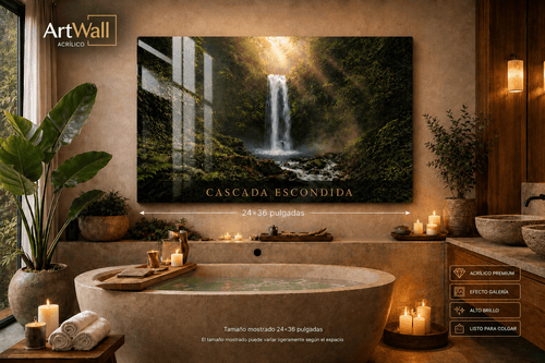 Acrylic art print of Cascada Escondida waterfall scene, featuring vibrant colors and natural landscape details.