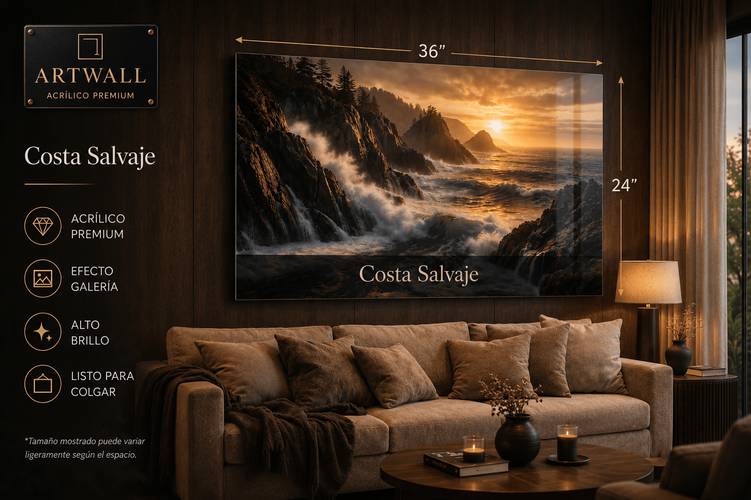 Colorful acrylic wall art featuring a vibrant Costa Salvaje scene, crafted by AcrílicoArtWall.com.