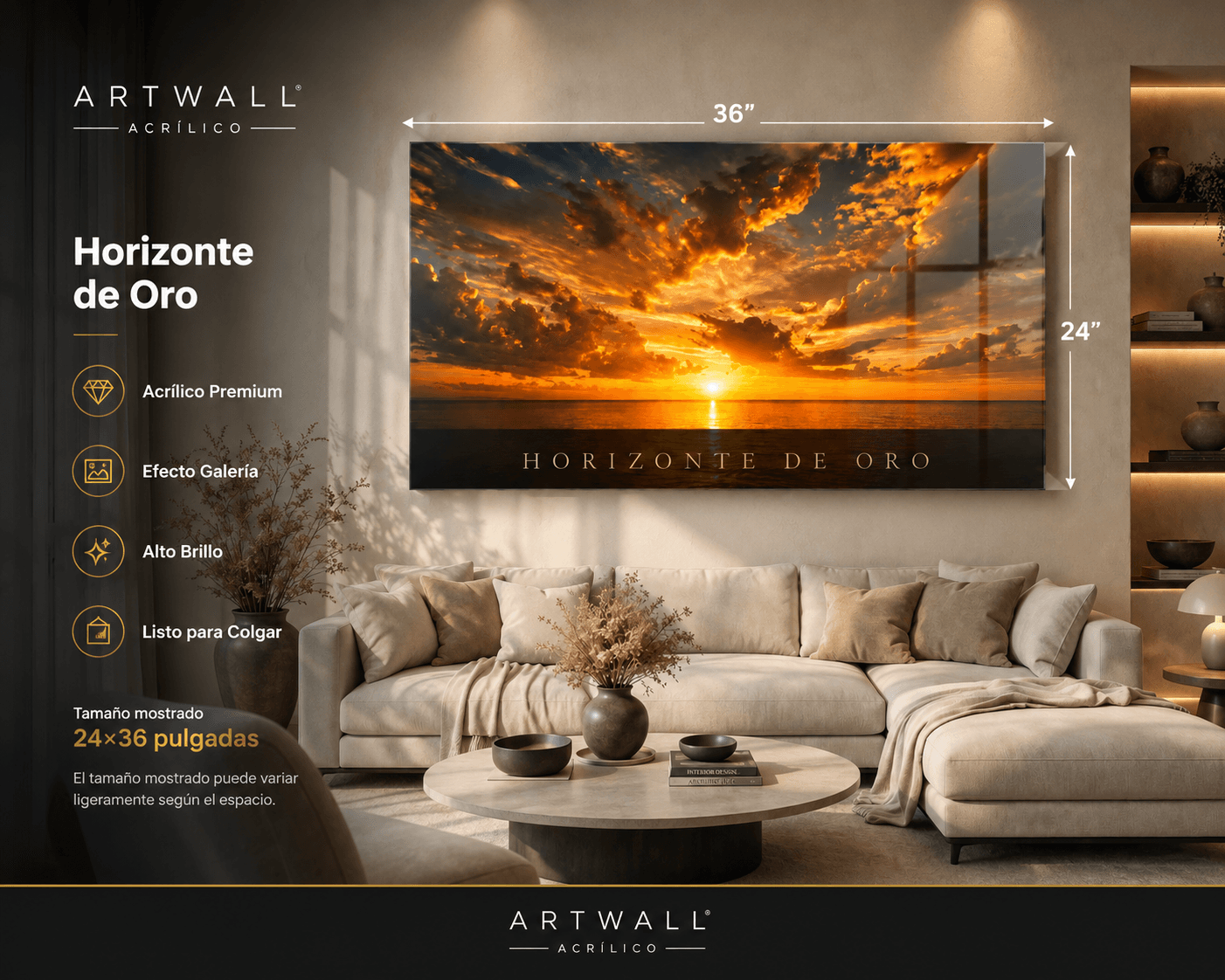 Acrylic wall art titled Horizonte de Oro featuring a vibrant, abstract landscape in warm gold and orange tones.