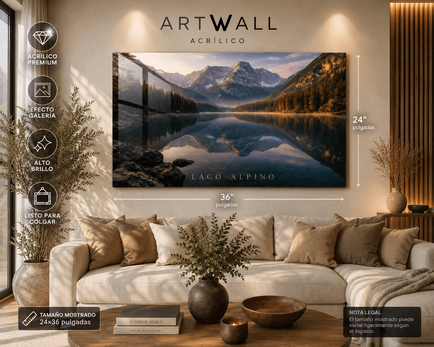 Acrylic art print titled Lago Alpino featuring a serene mountain lake scene in vibrant colors, created by AcrílicoArtWall.com