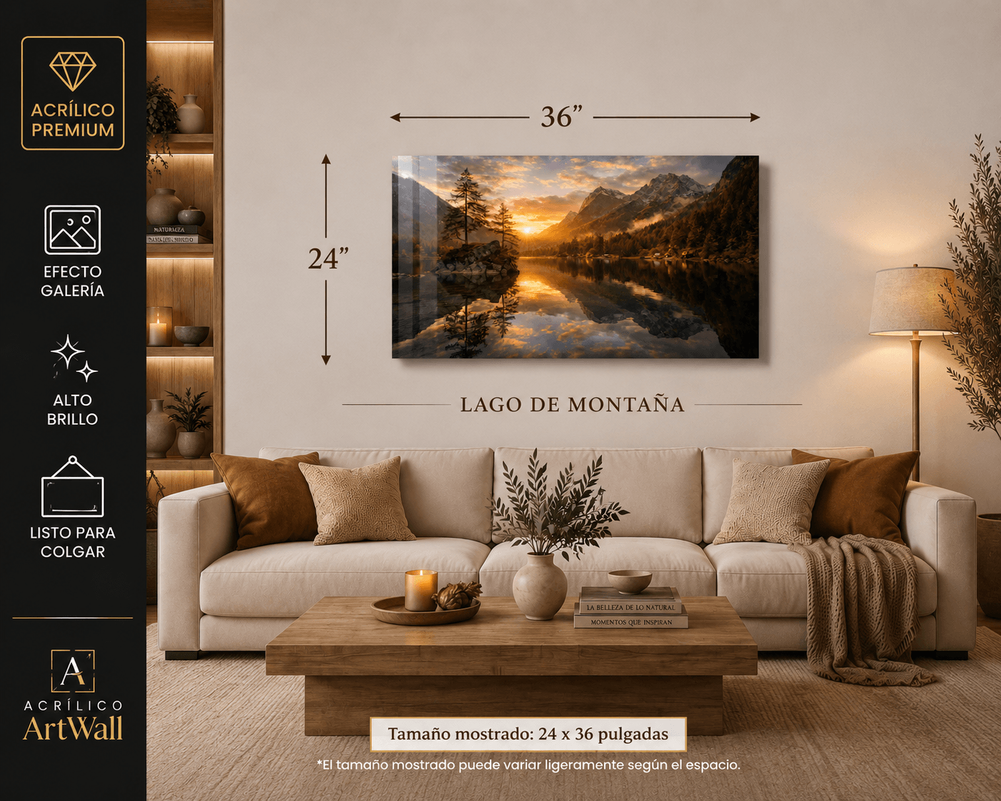 Acrylic wall art of a mountain lake scene, featuring tranquil waters and surrounding mountains, by AcrílicoArtWall.com.