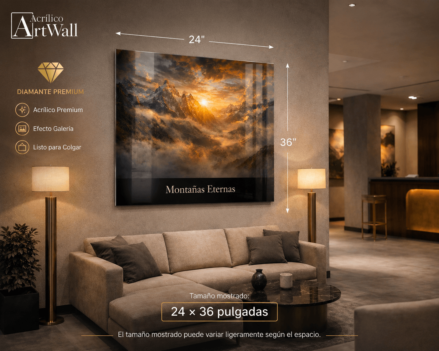 Acrylic wall art of mountain range titled "Montañas Eternas" by AcrílicoArtWall.com, featuring vibrant mountain landscape in acrylic finish.