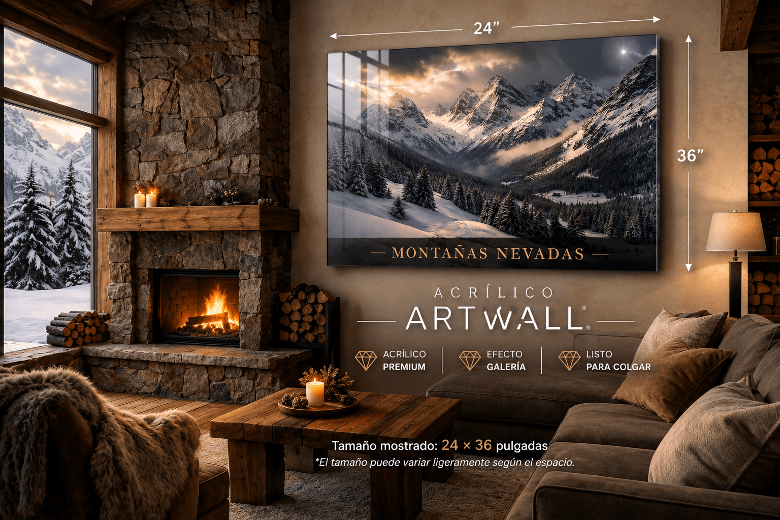 Acrylic wall art of snow-capped mountains with a vibrant, detailed landscape by AcrílicoArtWall.com