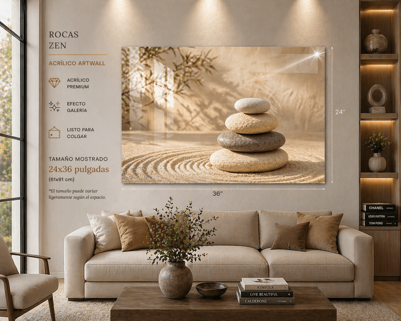 Decorative wall art of stacked stones in a living room setting