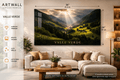 A colorful Valle Verde acrylic art wall decor featuring vibrant green and blue hues, mounted on a neutral background.