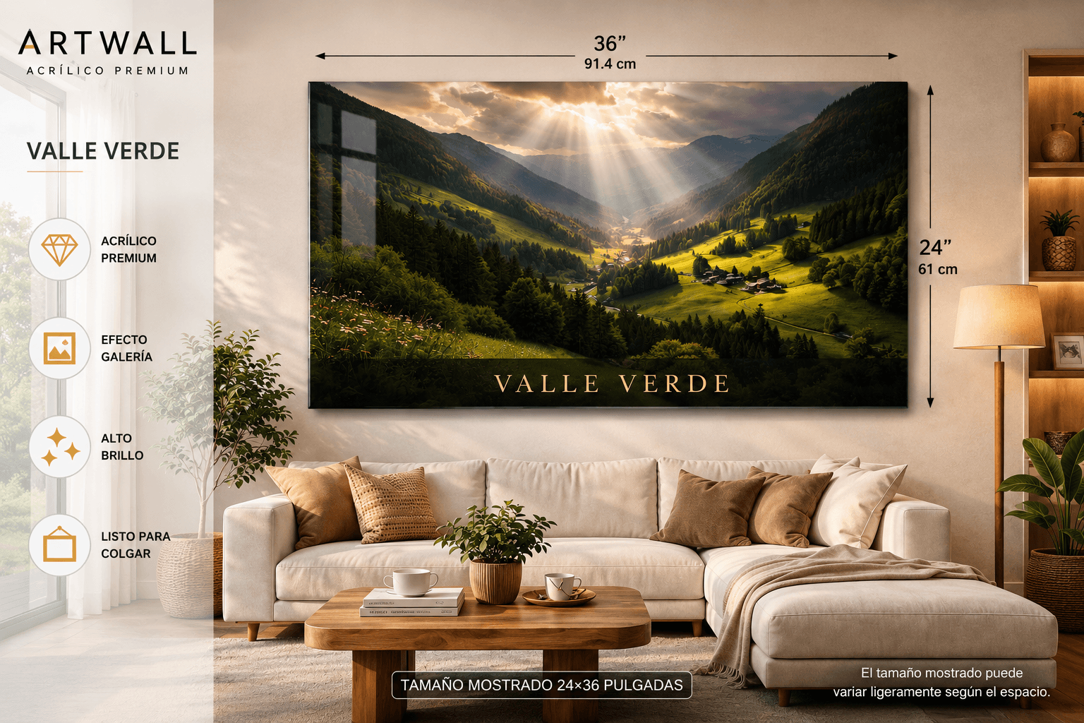 A colorful Valle Verde acrylic art wall decor featuring vibrant green and blue hues, mounted on a neutral background.